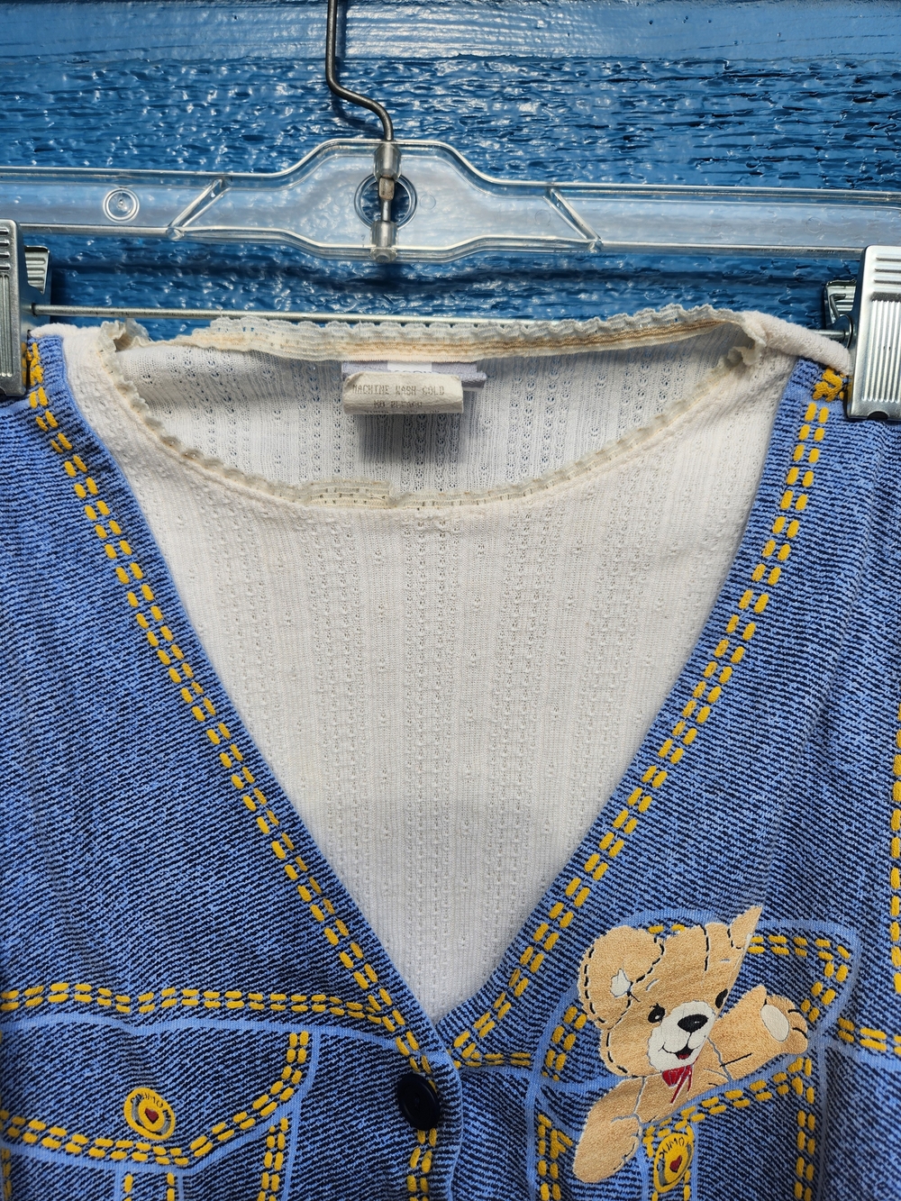 Kids RARE Cream Long-Sleeve Top with Blue Faux-Denim Vest and Bear Detail - Picture 6 of 12